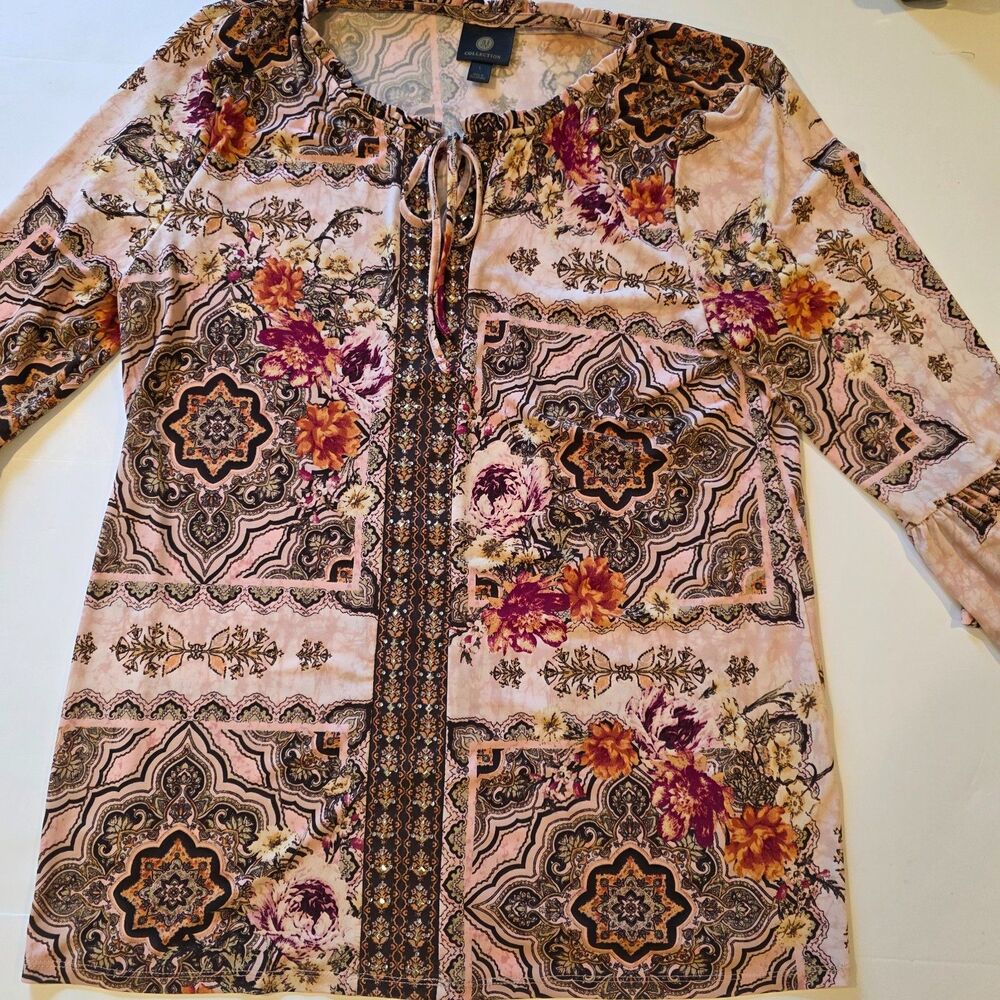 JM Collection L Pink Paisley Floral Embellished Top Boho 3/4 Sleeve Tunic